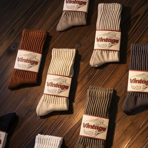 Vintage Cotton Ribbed Crew Socks Mid Tube Breathable Retro Slouch Socks Japanese Amekaji Style For Men Women