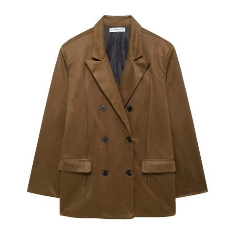Women Fashion Suede Texture Double Breasted Blazer Notch Lapel Mid Length Solid Color Long Sleeve Suit Jacket Outwear
