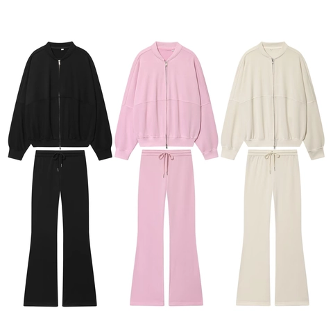 Women Casual Polyester Two Piece Outfit Top And Bottom Solid Color Zip Up Jacket And Wide Leg Pants Soft Sporty Loungewear