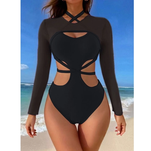 Traje De Baño De Manga Larga De Malla Para Mujer Con Top De Bikini Y Braga Escotada Sexy Color Sólido Playa