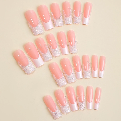 Eleganti Unghie Press On Coffin Lunghe French Tip Glitter Strass Unghie Finte Con Colla Gelatina E Lima Per Donne