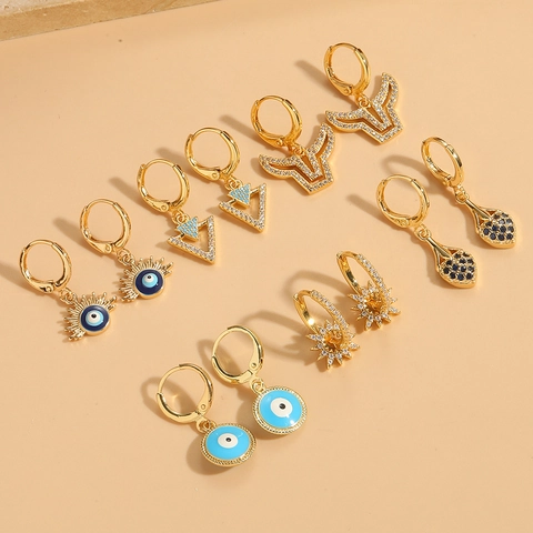 Fashion Vintage Copper Evil Eye Drop Earrings For Women Gold Plated Geometric Zirconia Enamel Heart Gothic Pendant Earrings Jewelry