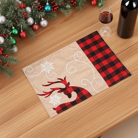 Mantel Individual Navidad Arpillera Lino Reno Cuadros Rojo Negro Bordado Copo Nieve Resistente Al Calor