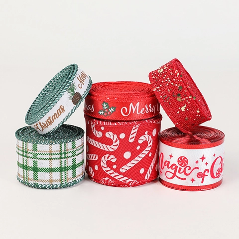 Christmas Ribbons Polyester Burlap Fabric Plaid Snowflake Candy Cane Pattern Holiday Gift Wrapping Festive Tree Decoration Crafting