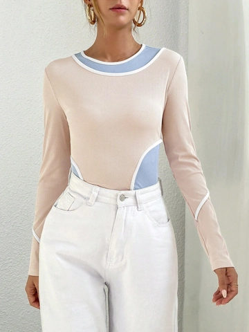 Camiseta De Manga Larga De Punto Acanalado De Poliéster Elastano Para Mujer Cuello Redondo Bloque De Color Top Elegante