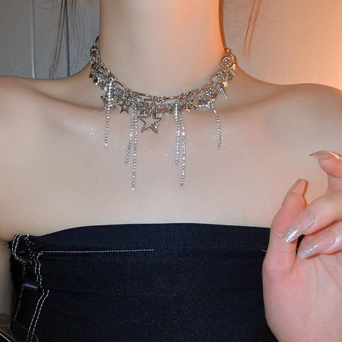 Hip Hop Star Pendant Necklace With Rhinestone Tassel Alloy Metal Clavicle Chain Cool Style For Women Silver Color