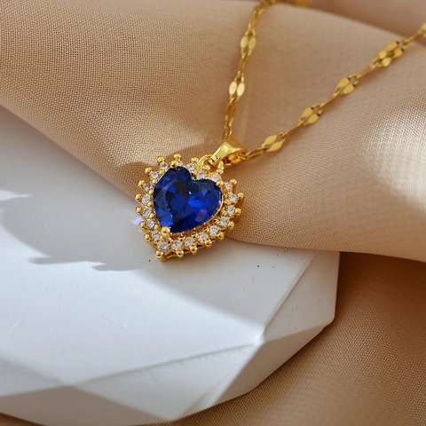 Heart Pendant Necklace Blue Sapphire Zircon Copper Micro Pave Rhinestone Elegant Clavicle Chain Jewelry For Women