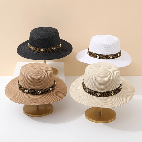 Cappello Di Paglia Boater Da Donna Corona Piatta Protezione Solare Spiaggia Con Decorazione Nastro Elegante