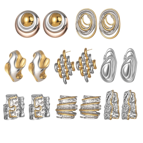 Stainless Steel Stud Earrings For Women Two Tone Gold Silver Irregular Molten Wrinkle Wave Geometric Polished Fashion