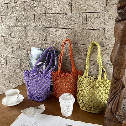 Women Hand-Woven Bucket Bag Cotton Rope Hollow Out Beach Handbag With Drawstring Inner Pouch Casual Boho Summer Vacation