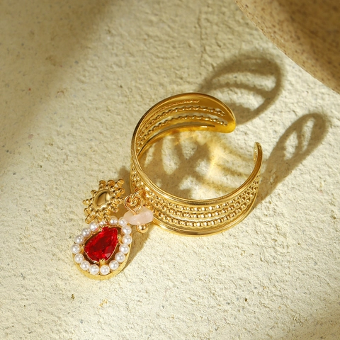 Anello Aperto in Acciaio Inossidabile Vintage Francese per Donna Design con Perla Artificiale e Pietra Naturale Elegante Anello Regolabile Placcato Oro