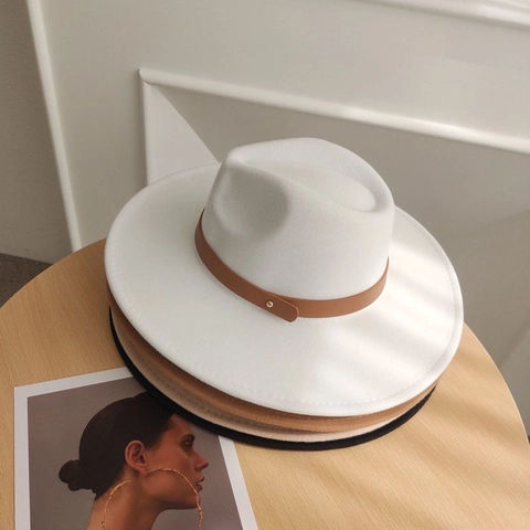 Vintage Woolen Fedora Hat Wide Brim Jazz Cap Leather Strap For Women Men Elegant Autumn Winter Party Church Formal Hat