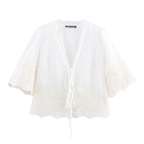 Dames Wit Hol Borduursel Blouse V-Hals Vetersluiting Korte Mouwen Zoet Bloemen Franse Stijl Top