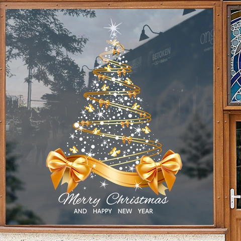 Christmas Window Static Cling Sticker Gold Bow Tree Santa 2026 Glass Door Decal New Year Shop Festival Decor