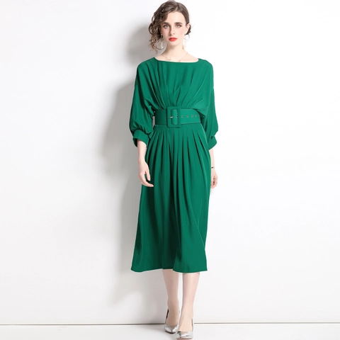 Elegante Smaragdgroene Polyester Midi-Jurk Met Vleermuismouwen En Geplooide Zoom Met Brede Riem
