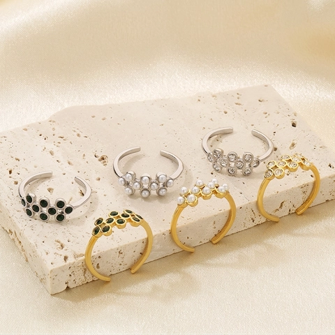 Anello Aperto in Acciaio Inossidabile alla Moda per Donna Anello con Perle Artificiali e Strass Regolabile Gioielli di Lusso per Feste