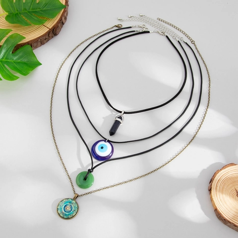 Collares Superpuestos Bohemios Con Ojo Turco Mandala Cristal Hexagonal Aleación Vidrio Joyas Étnicas Retro Para Mujeres