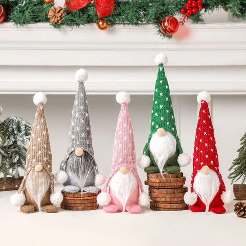 Nains De Noël Poupées En Peluche Chapeau Tricoté Avec Motifs De Cœur Barbe Blanche Ornements Nordiques Décor De Table