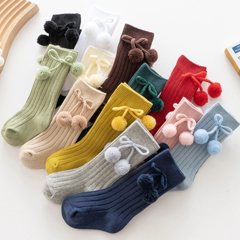 Calze Al Ginocchio Neonato Cotone Maglia A Coste Con Fiocco E Pompon Calzettoni Bambini Stile Spagnolo