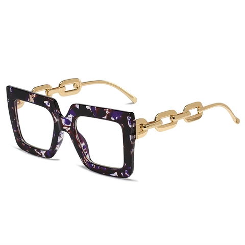 Oversized Square Glasses Women Fashion PC Frame Metal Chain Temple Anti Blue Light Decorative Eyewear