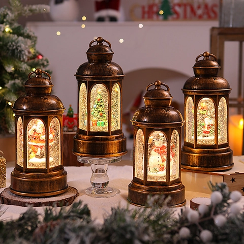 Linterna De Navidad Bola De Agua LED Luz Purpurina Giratoria Papá Noel Muñeco De Nieve Árbol De Navidad Bronce Vintage Lámpara Decorativa Adorno De Escritorio Regalo De Vacaciones