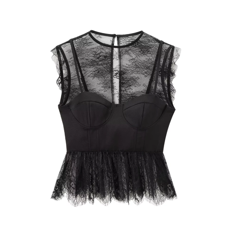 Sexy Spitzen Patchwork Bustier Crop Top Ärmellos Rundhals Transparent Wimpernspitze Elegant Sommer Weste Für Damen
