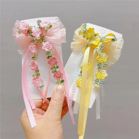 Pince À Cheveux Douce Avec Broderie Florale Et Long Ruban En Maille Mousseline Pour Filles Enfants Princesse Style Pastoral
