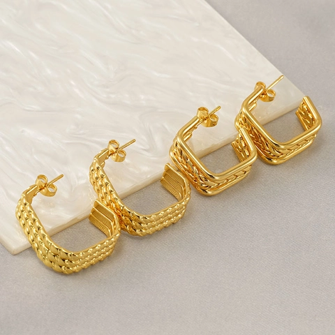 Square Geometric Hoop Earrings 18K Gold Plated Stainless Steel Woven Braided Texture Trendy Jewelry For Women