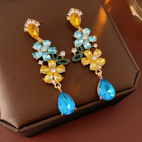 Vintage Blumen Strass Ohrhänger Bunter Kristall Tropfen Schmuck Mit Silberohrstecker Für Frauen