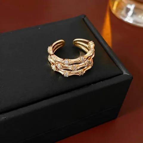 Multi Layer Bamboo Open Ring Copper With Zircon Retro Adjustable Finger Jewelry For Women