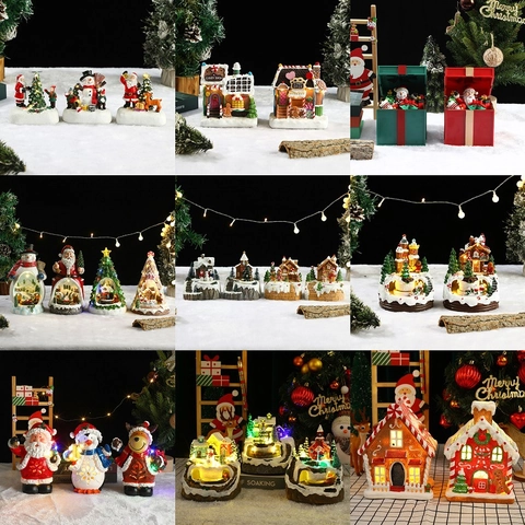 Caja de Música de Resina Navideña Luminosa Adorno Tren Giratorio Casa de Nieve Papá Noel Muñeco de Nieve Reno Decoración Mesa LED Regalo Navidad