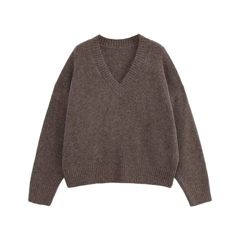 Dames Casual V-hals Gebreide Trui Lange Mouwen Oversized Pullover Ribbel Effen Kleur Losse Streetwear Gebreide Top
