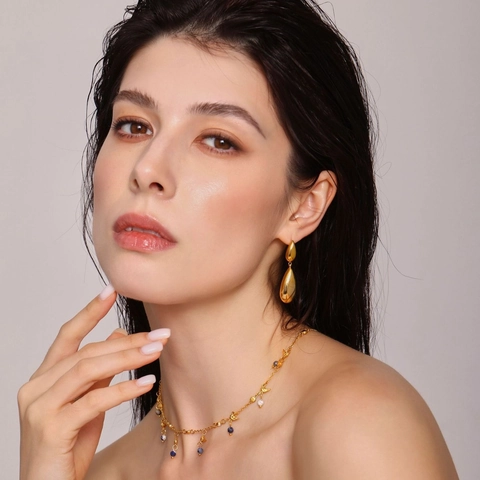 Pendientes de Gota de Agua de Acero Inoxidable Minimalista Y Collar de Perlas de Agua Dulce Joyería de Circonia Elegante