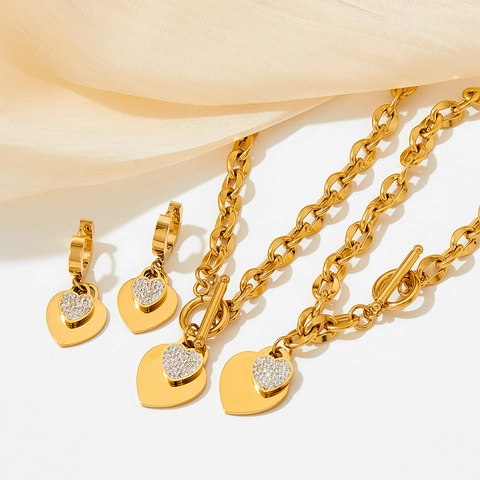 Bijoux Cœur En Acier Inoxydable Collier Bracelet Boucles Oreilles Rhinestone Fermoir À Bascule Tendance Cadeau Femmes