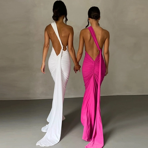 Halfter Ein Schulter Rückenfrei Bodycon Maxi Kleid Gerafft Polyester Elasthan Abendparty Elegant Clubwear