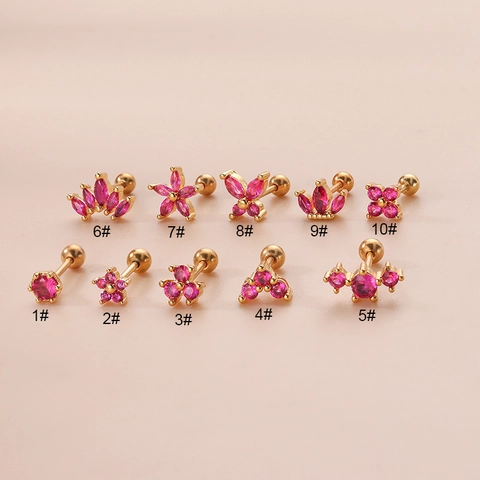 Pendientes De Cartílago Flor Corona Poste Acero Inoxidable Zirconia Cúbica Rosa Roja Joyería De Piercing Para Mujer