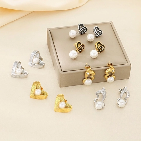 Heart Knot Artificial Pearl Dangle Earrings Stainless Steel Enamel Zircon French Vintage Style Jewelry For Women