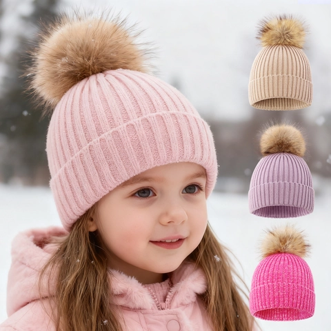 Kids Winter Knit Beanie Hat With Faux Fur Pom Pom Warm Ribbed Soft Acrylic Pullover For Toddler Baby