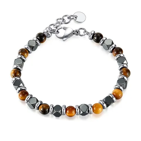 Tiger Eye Stone Hematite Beaded Bracelet For Men Stainless Steel Geometric Beads Adjustable Trendy Jewelry Gift