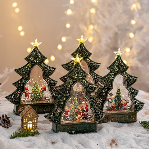 Christmas Snow Globe Lantern LED Lighted Glitter Water Ball Ornament Santa Claus Snowman Retro Truck Tabletop Decoration