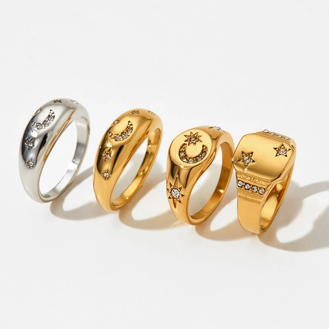 Edelstahl Stern Und Mond Ringen Vintage Strass Zirkon Siegelringe Retro Böhmen Schmuck Für Frauen