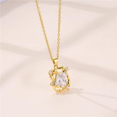 Rectangular Zircon Pendant Necklace Gold Plated Stainless Steel Chain Geometric Irregular Frame For Women