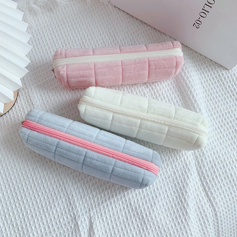 Plush Velvet Pencil Case Large Capacity Grid Quilted School Stationery Organizer Bag For Students Kawaii Zippered Pouch