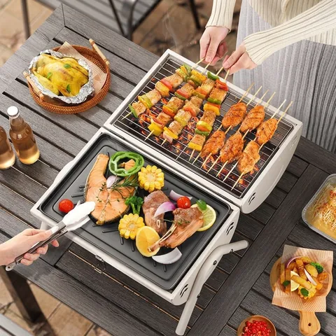 Portable Outdoor BBQ Grill Foldable Charcoal Smoker For Camping Picnic Cold Rolled Iron Non-Stick Pan With Wood Handle
