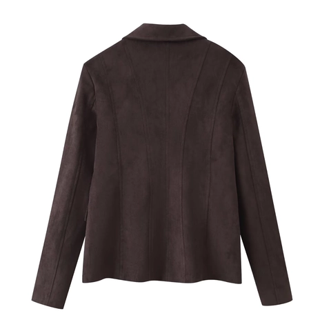 Dames Vintage Faux Suède Revers Jasje Double-breasted Lange Mouwen Casual Bruin Streetwear Jas Met Zakken Effen Kleur Outwear