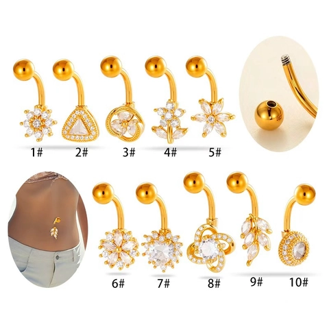 Stainless Steel Navel Ring Zircon Heart Flower Geometric Curved Barbell Body Piercing Jewelry For Women Fashion Accessory