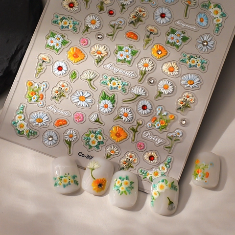 5D Embossed Nail Art Stickers Waterproof 3D Relief Flower Daisy Tulip Heart Butterfly Rhinestone Decals DIY Manicure Decorations For Women