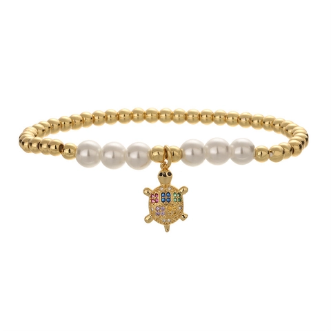 Bracciale Di Perline Di Rame E Imitazione Perla Artificial Con Ciondoli Animali Marini Tartaruga Polpo Pesce In Zircone Gioielli