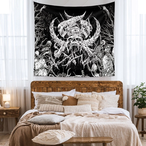 Arazzo Gotico Teschio Bianco E Nero Orrore Scheletro Appeso Parete Poliestere Arte Oscura Estetica Decorazione Casa