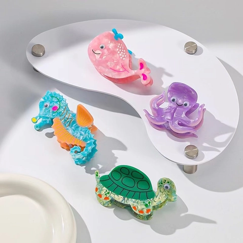 Ocean Animal Hair Claw Clip Acetate Whale Octopus Seahorse Turtle Cute Matte Marble Decorative Hair Accessory Women